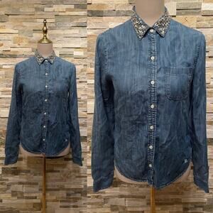 Abercrombie & Fitch Embellished Denim Shirt | Beaded Crystal Collar, Chambray XS